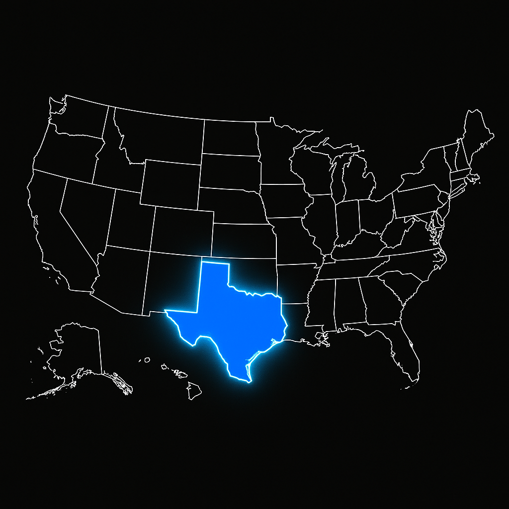 Expansion map showing Texas as launch market with future expansion states